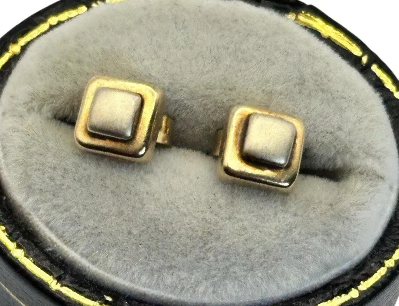 Pamono Vintage 9 Karat Yellow and White Gold Geometric Stud Earrings, Set of 2