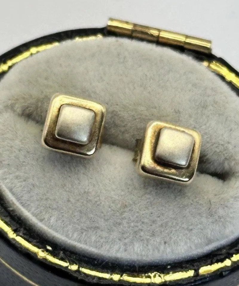 Pamono Vintage 9 Karat Yellow and White Gold Geometric Stud Earrings, Set of 2