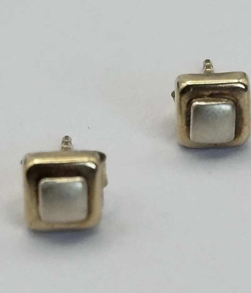 Pamono Vintage 9 Karat Yellow and White Gold Geometric Stud Earrings, Set of 2