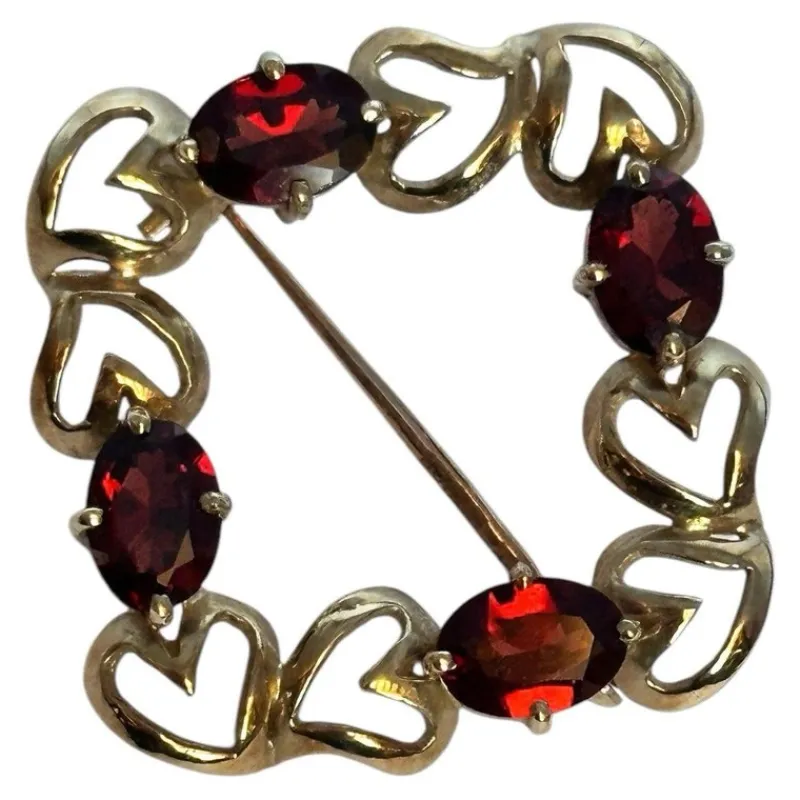 Pamono Vintage 9 Karat Yellow Gold Hearts Garnet Brooch> Brooches