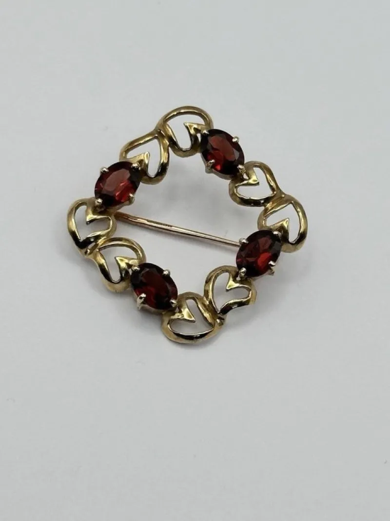 Pamono Vintage 9 Karat Yellow Gold Hearts Garnet Brooch> Brooches