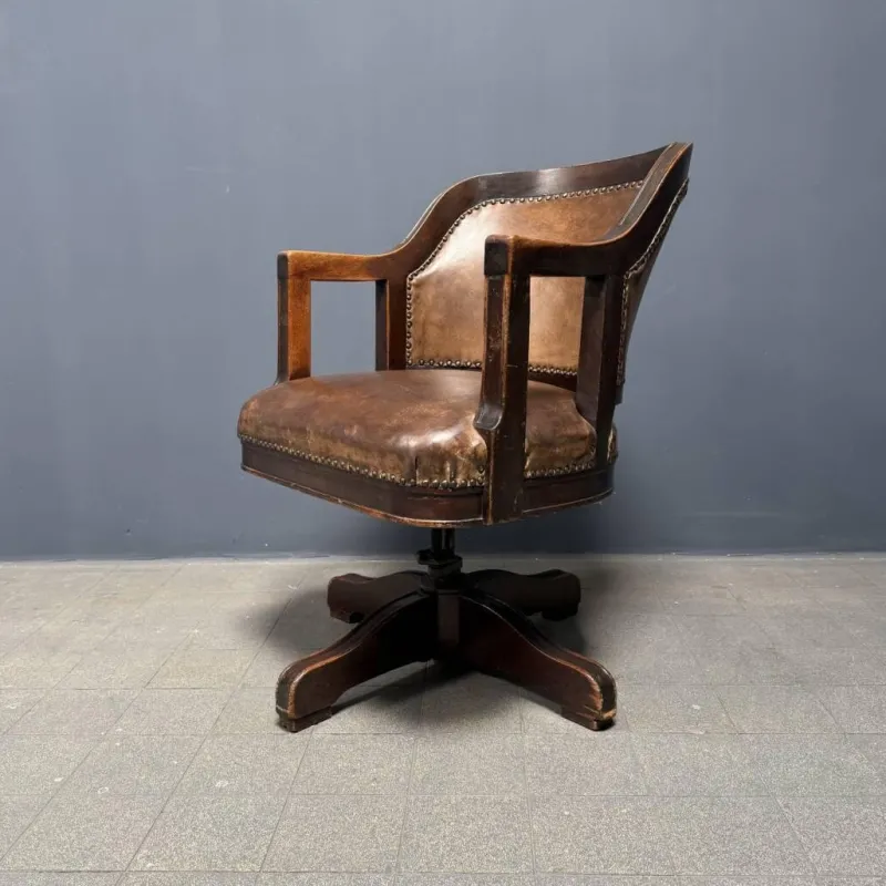 New Pamono Vintage American Wood and Leather Desk Chair, 1920s