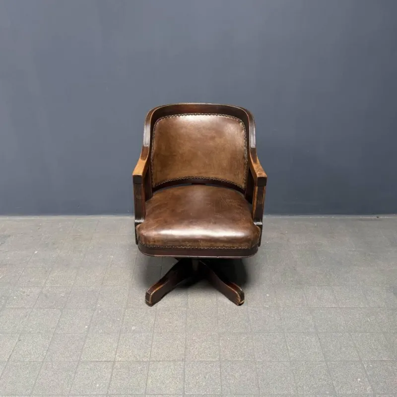 New Pamono Vintage American Wood and Leather Desk Chair, 1920s