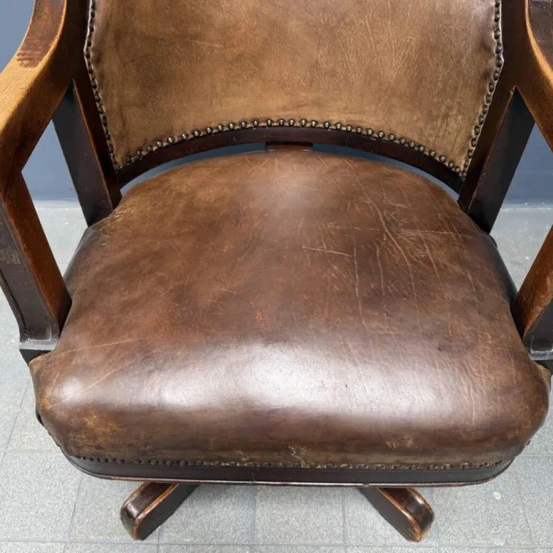 New Pamono Vintage American Wood and Leather Desk Chair, 1920s