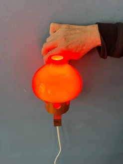 Pamono Vintage Aneta Pine Wall Sconce with Orange Glass Shade, 1950s><noscript><img width=