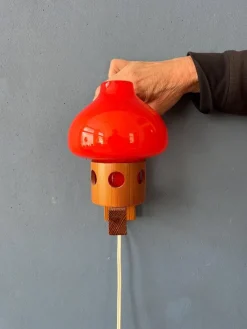 Pamono Vintage Aneta Pine Wall Sconce with Orange Glass Shade, 1950s><noscript><img width=