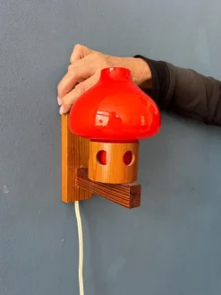 Pamono Vintage Aneta Pine Wall Sconce with Orange Glass Shade, 1950s><noscript><img width=