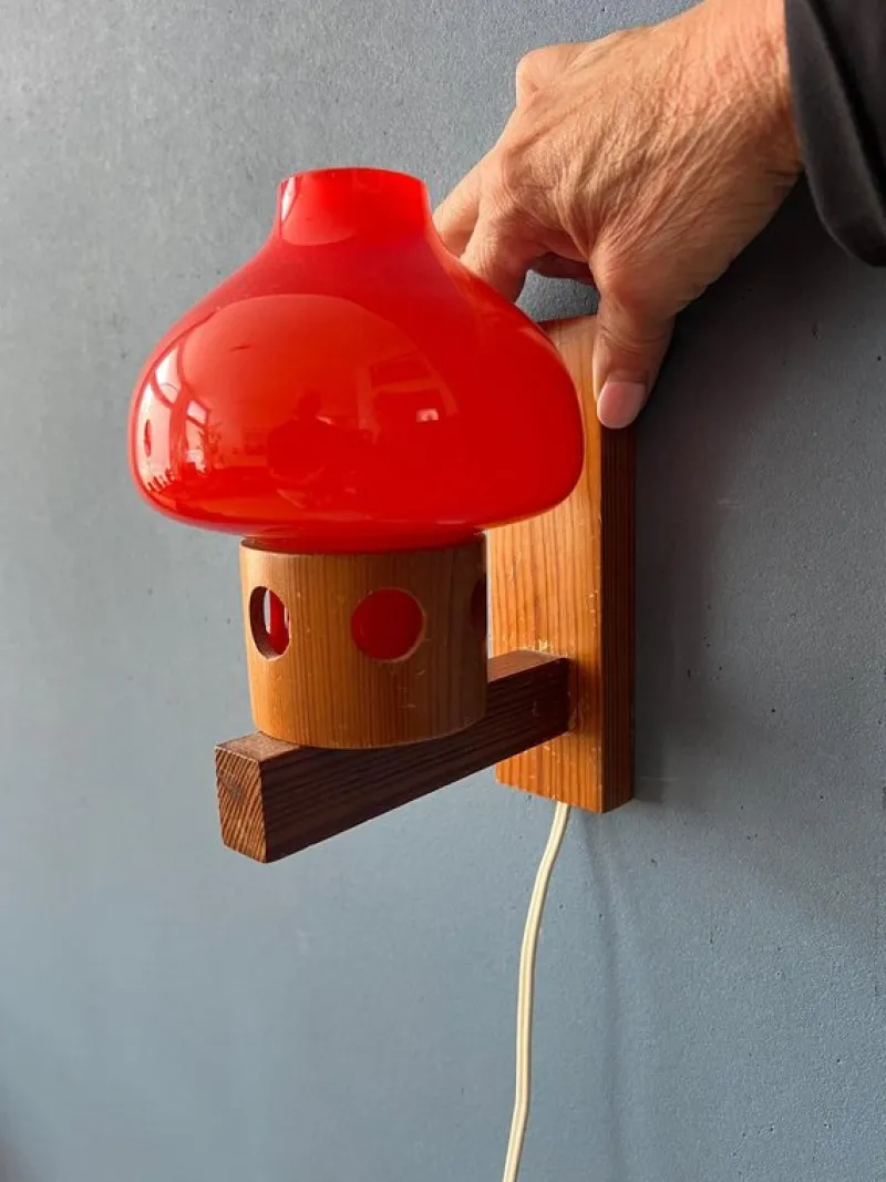 Pamono Vintage Aneta Pine Wall Sconce with Orange Glass Shade, 1950s> Wall Lights & Sconces