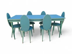 New Pamono Vintage Aqua Green Dining Set with Gilt Details by Umberto Mascagni, 1950s, Set of 7