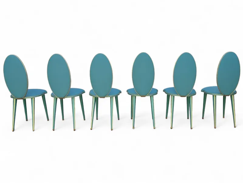 New Pamono Vintage Aqua Green Dining Set with Gilt Details by Umberto Mascagni, 1950s, Set of 7
