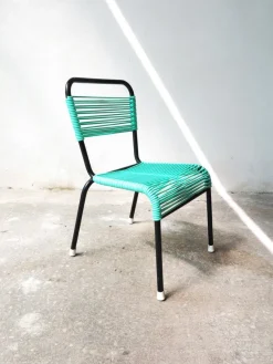 Clearance Pamono Vintage Aquamarine Green PVC Laces and Black Tubular Metal Childrens Chair, 1970s