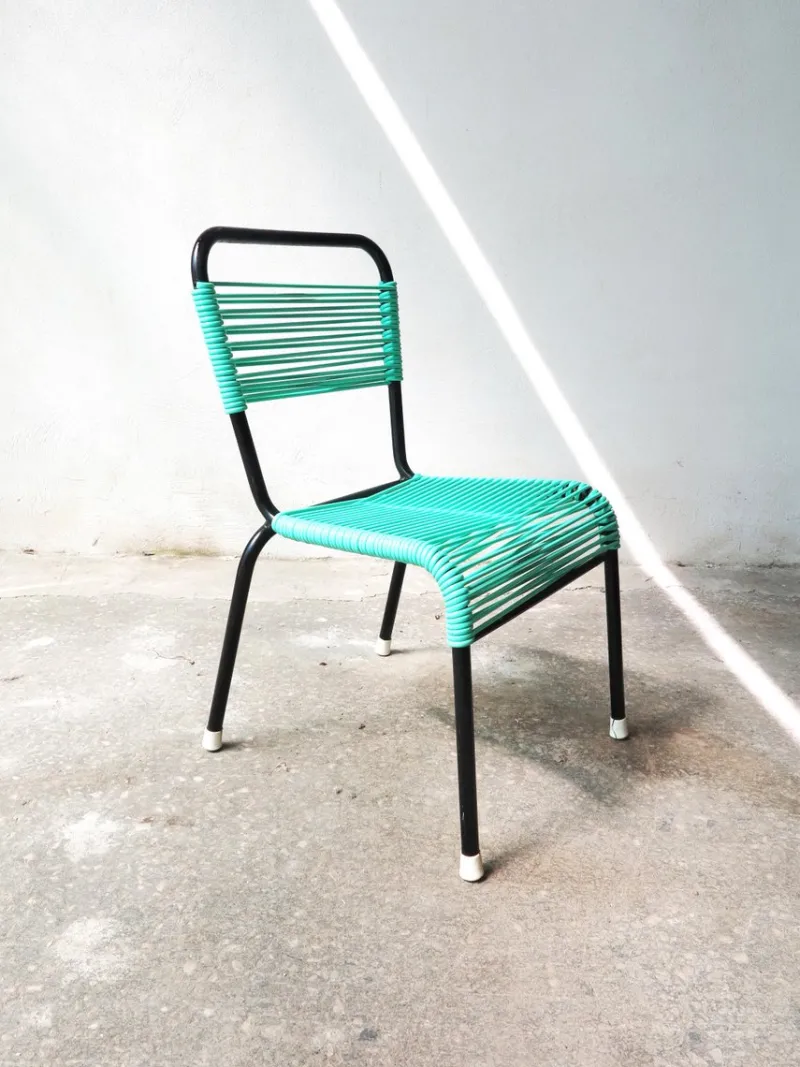 Clearance Pamono Vintage Aquamarine Green PVC Laces and Black Tubular Metal Childrens Chair, 1970s