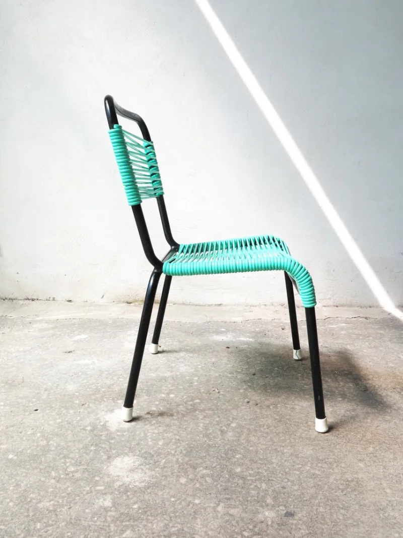 Clearance Pamono Vintage Aquamarine Green PVC Laces and Black Tubular Metal Childrens Chair, 1970s
