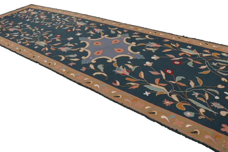 Clearance Pamono Vintage Arraiolos Runner Rug in Blue with Floral Patterns from R&K Principal Jahanshah Nazmiyal