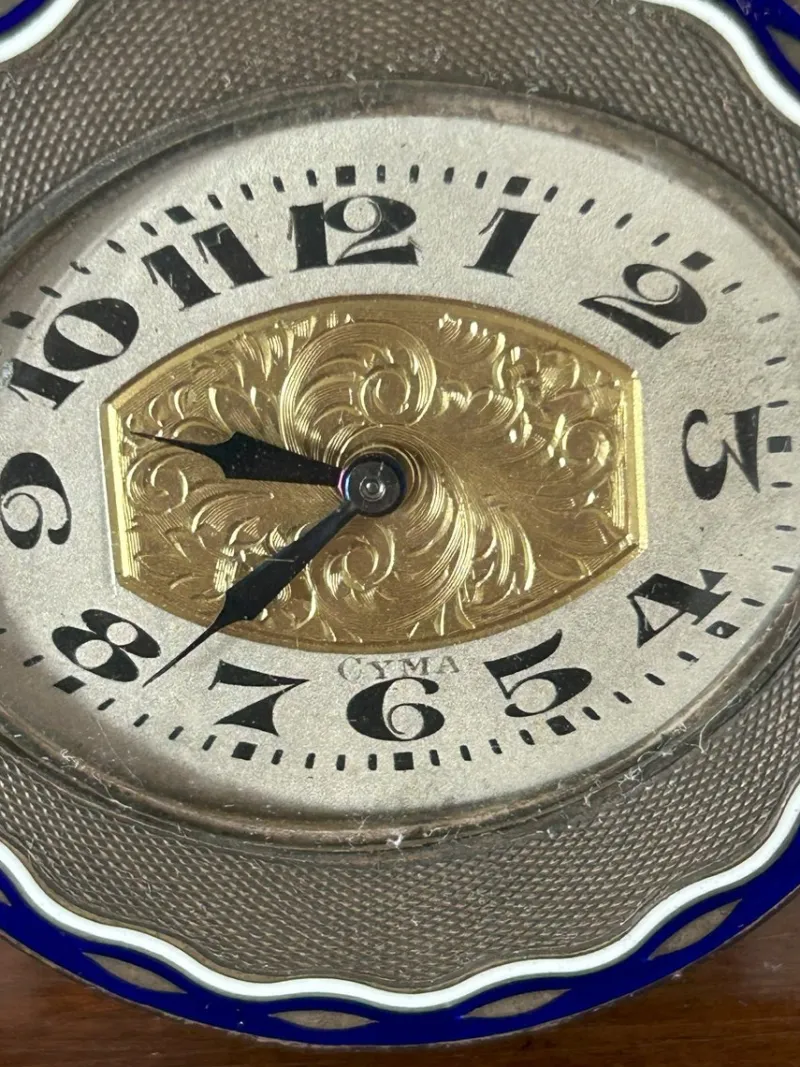 Pamono Vintage Art Deco Enamel Table Clock from Cyma, 1920s> Clocks