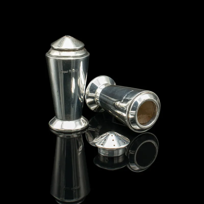 Pamono Vintage Art Deco English Condiment Set in Silver, 1930s, Set of 3> Salt & Pepper Shakers