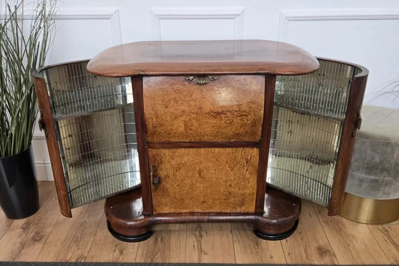 Pamono Vintage Art Deco Italian Walnut Burl and Mirror Mosaic Dry Bar Cabinet by Paolo Buffa, 1950s> Cabinets & Wardrobes