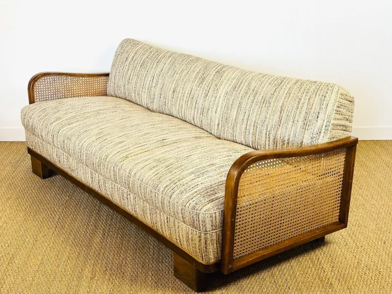 Best Pamono Vintage Art Deco Living Room Set in Curved Wood and Cane, 1950, Set of 3