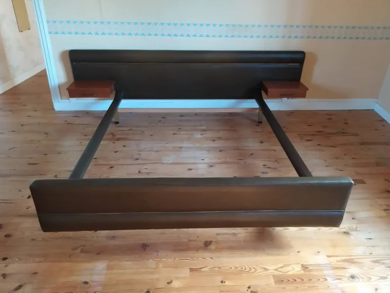 Pamono Vintage Bed in Teak & Skai by Roger Landault, 1960s> Beds & Bedroom Sets