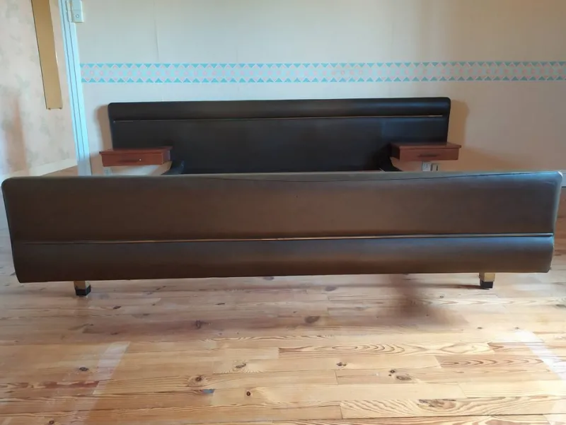 Pamono Vintage Bed in Teak & Skai by Roger Landault, 1960s> Beds & Bedroom Sets