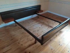 Pamono Vintage Bed in Teak & Skai by Roger Landault, 1960s><noscript><img width=