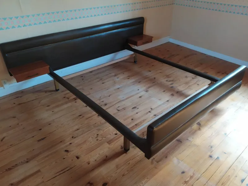 Pamono Vintage Bed in Teak & Skai by Roger Landault, 1960s> Beds & Bedroom Sets