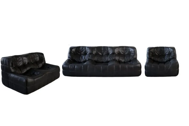 Pamono Vintage Black Leather Kashima Living Room Set by Michel Ducaroy for Ligne Roset, 1976, Set of 3> Living Room Sets