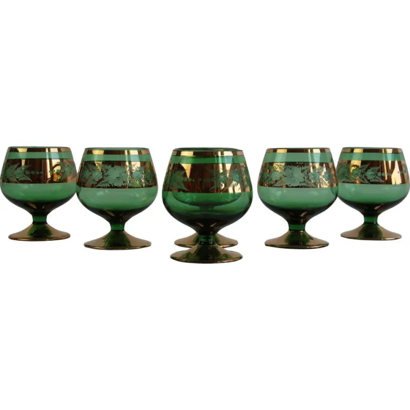 Pamono Vintage Bohemian Green and Gold Gilded Glasses, 1950s, Set of 6