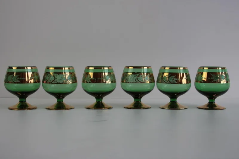 Pamono Vintage Bohemian Green and Gold Gilded Glasses, 1950s, Set of 6