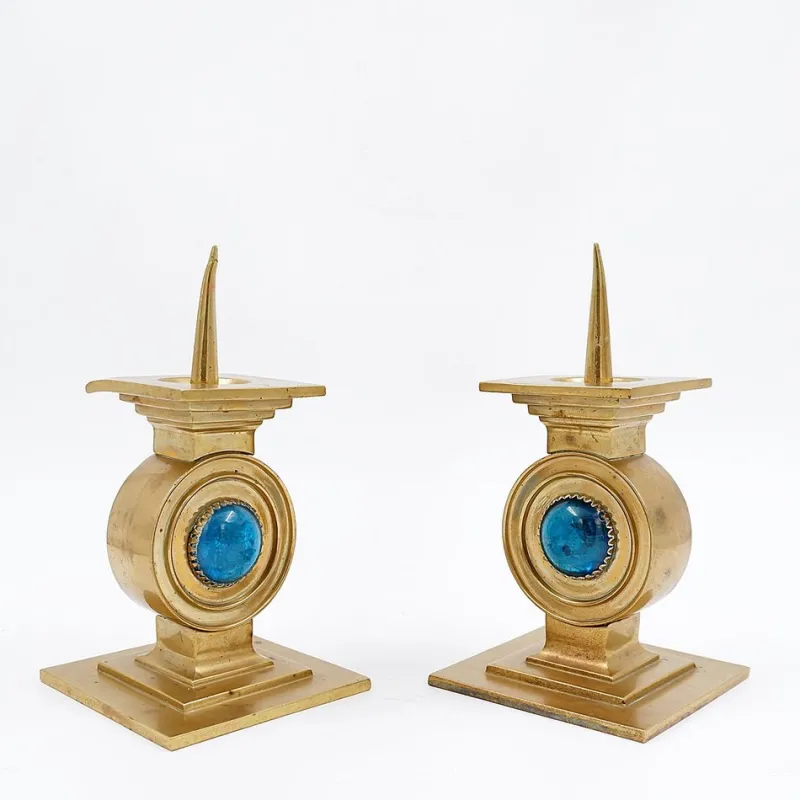 Pamono Vintage Brass Candlesticks with Blue Stone, Set of 2> Candleholders