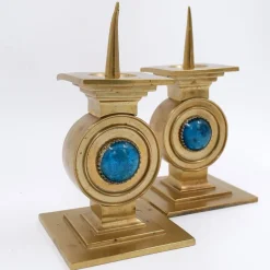 Pamono Vintage Brass Candlesticks with Blue Stone, Set of 2><noscript><img width=