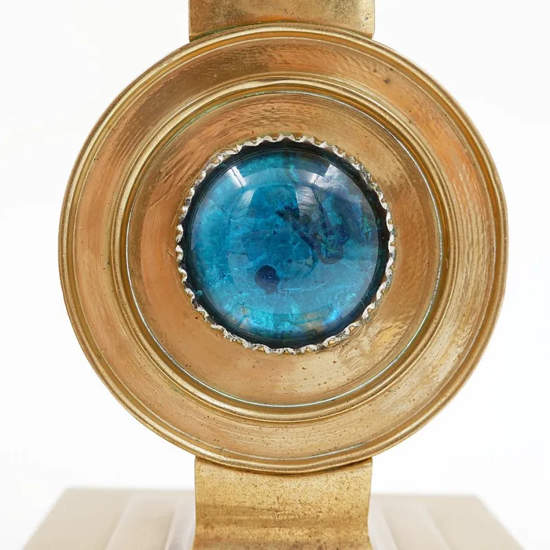 Pamono Vintage Brass Candlesticks with Blue Stone, Set of 2> Candleholders
