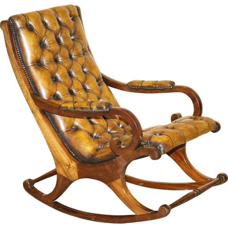 Pamono Vintage Brown Leather Chesterfield Rocking Armchair> Rocking Chairs