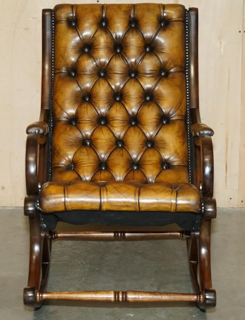 Pamono Vintage Brown Leather Chesterfield Rocking Armchair> Rocking Chairs