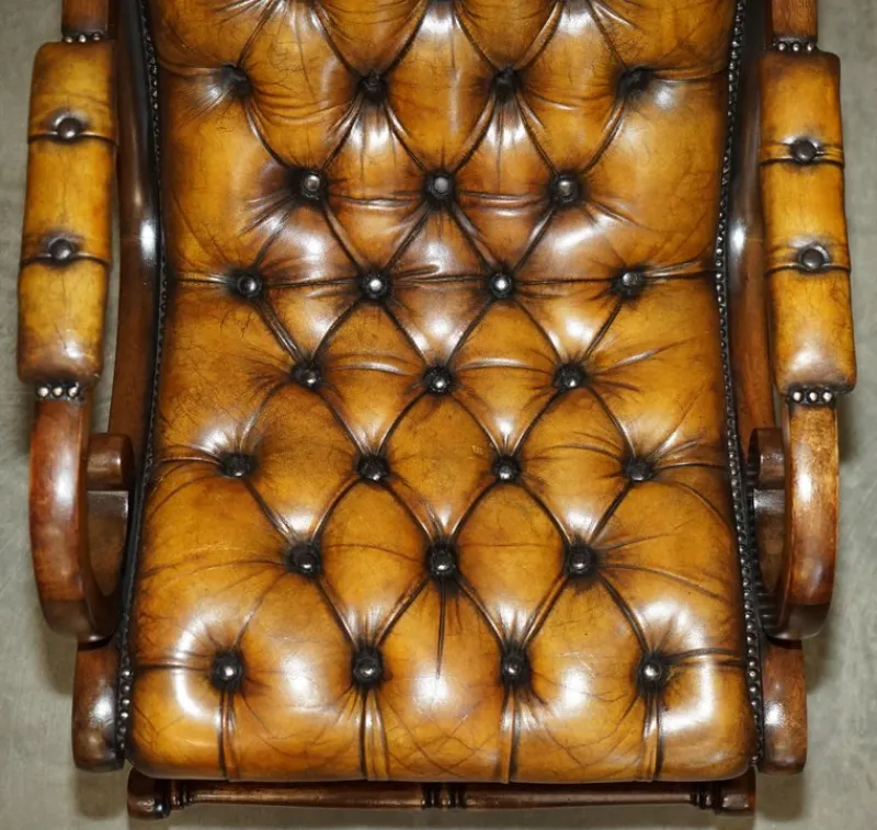 Pamono Vintage Brown Leather Chesterfield Rocking Armchair> Rocking Chairs