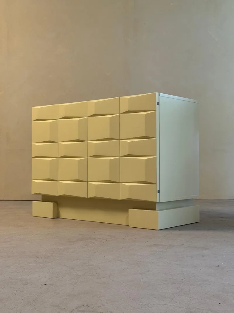 Pamono Vintage Brutalist Sideboard Cabinet with Graphic Panelled Doors, 1970s> Sideboards & Buffets