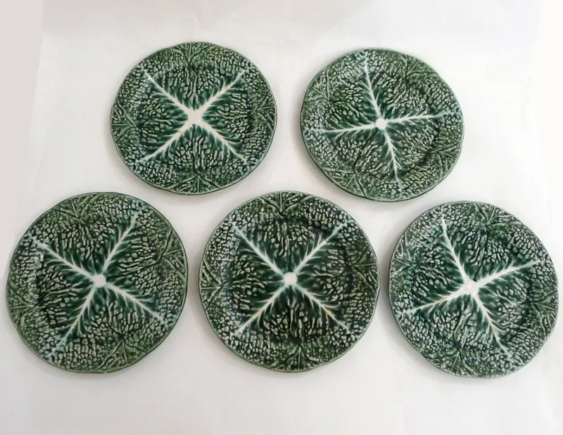 Pamono Vintage Cabbage Leaf Dinner Plates in Portugal Slipware, 1960s, Set of 5> Dinner Plates & Bowls