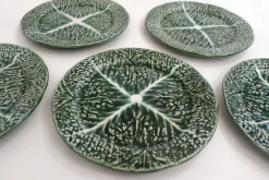 Pamono Vintage Cabbage Leaf Dinner Plates in Portugal Slipware, 1960s, Set of 5><noscript><img width=