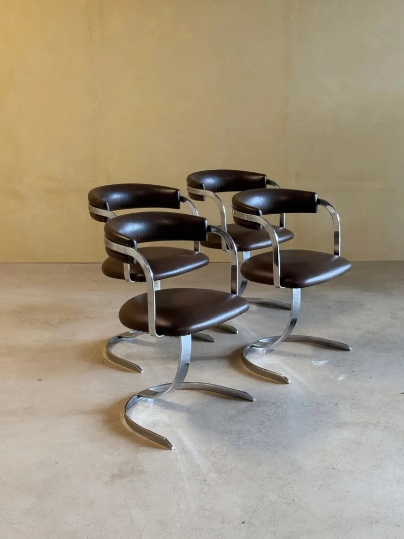 Pamono Vintage Cast Iron and Chromed Dining Chairs, 1970s, Set of 4> Side Chairs & Dining Chairs