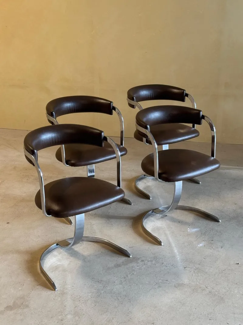 Pamono Vintage Cast Iron and Chromed Dining Chairs, 1970s, Set of 4> Side Chairs & Dining Chairs