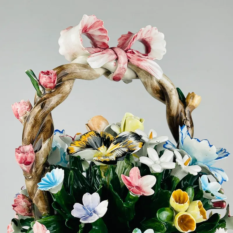 New Pamono Vintage Ceramic Basket with Flowers by S. Rioleva Capodimonte, Italy, 1960s