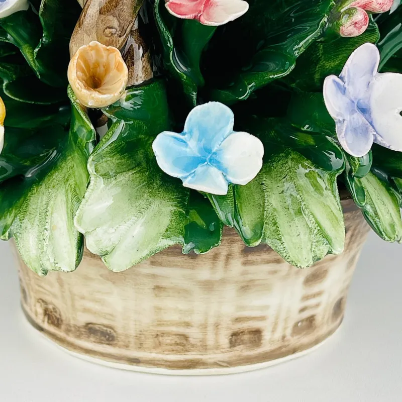 New Pamono Vintage Ceramic Basket with Flowers by S. Rioleva Capodimonte, Italy, 1960s