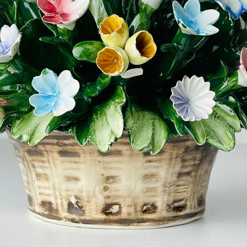 New Pamono Vintage Ceramic Basket with Flowers by S. Rioleva Capodimonte, Italy, 1960s