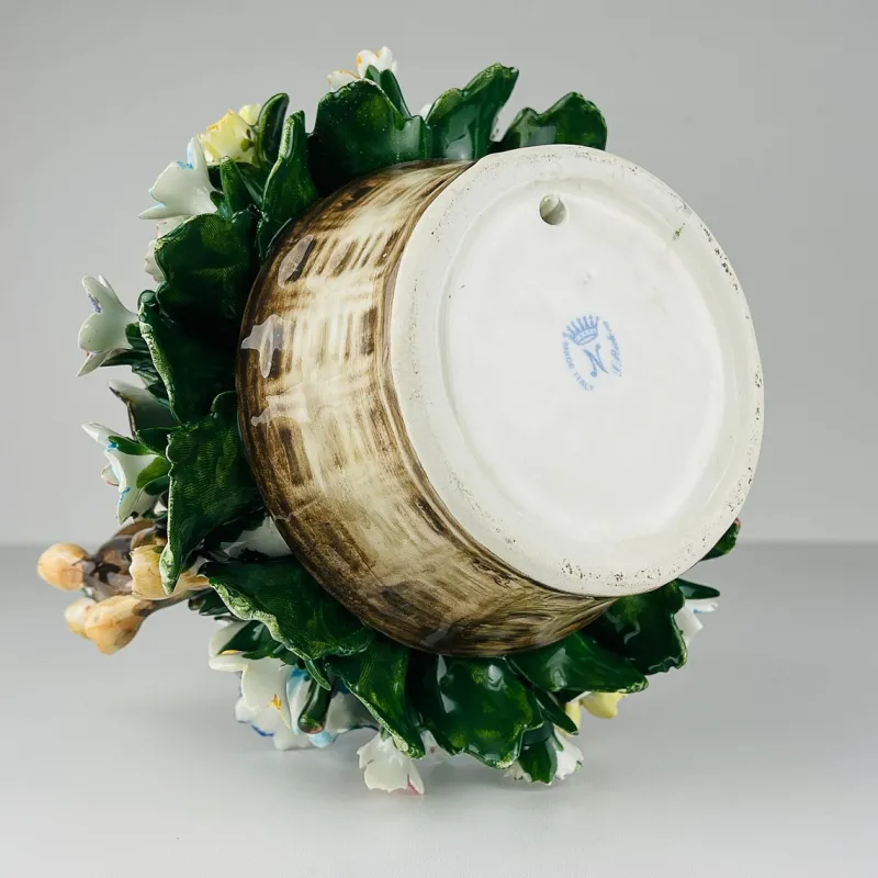 New Pamono Vintage Ceramic Basket with Flowers by S. Rioleva Capodimonte, Italy, 1960s