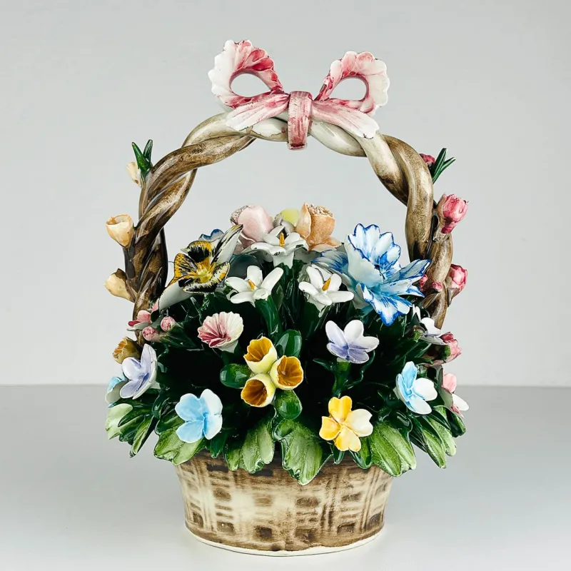 New Pamono Vintage Ceramic Basket with Flowers by S. Rioleva Capodimonte, Italy, 1960s