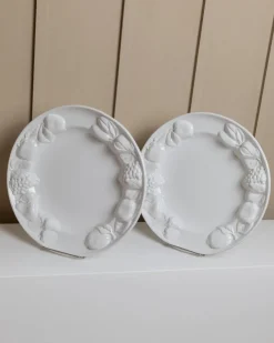 New Pamono Vintage Ceramic Plates in White Glaze with Fruit Relief, Italy, 1980s