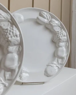 New Pamono Vintage Ceramic Plates in White Glaze with Fruit Relief, Italy, 1980s