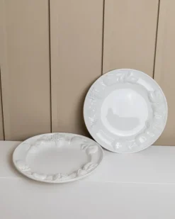 New Pamono Vintage Ceramic Plates in White Glaze with Fruit Relief, Italy, 1980s
