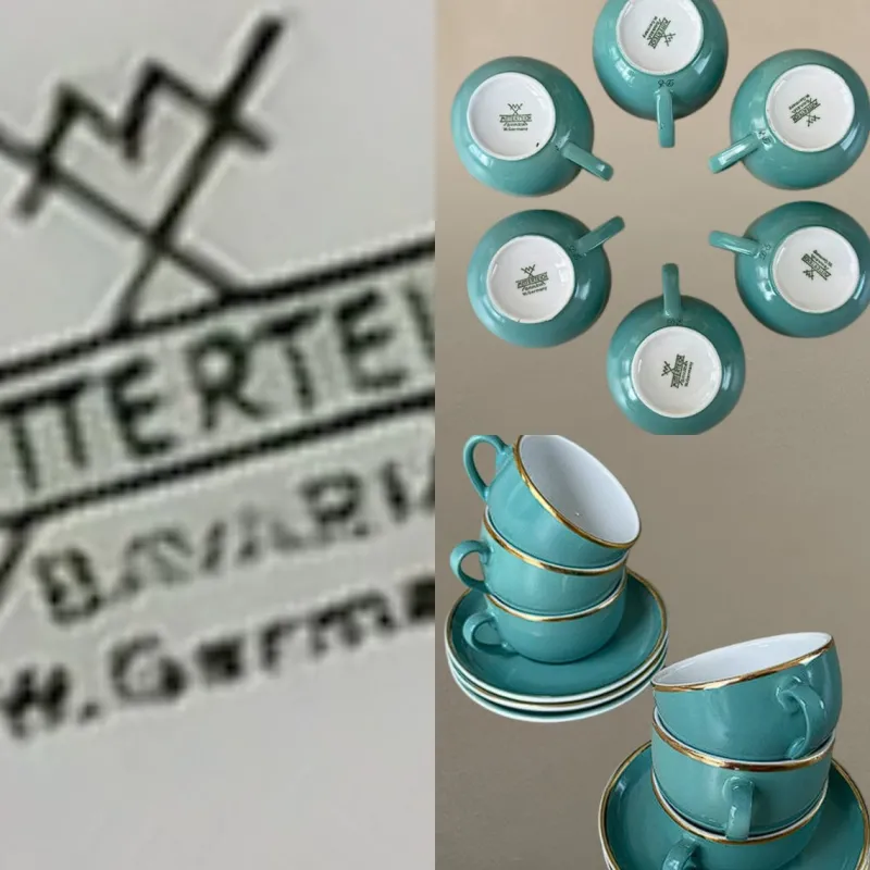 Pamono Vintage Coffee Cups in Turquoise Green Porcelain with Gold Detailing from Mitterteich Bavaria, 1950s, Set of 12> Coffee & Tea Service