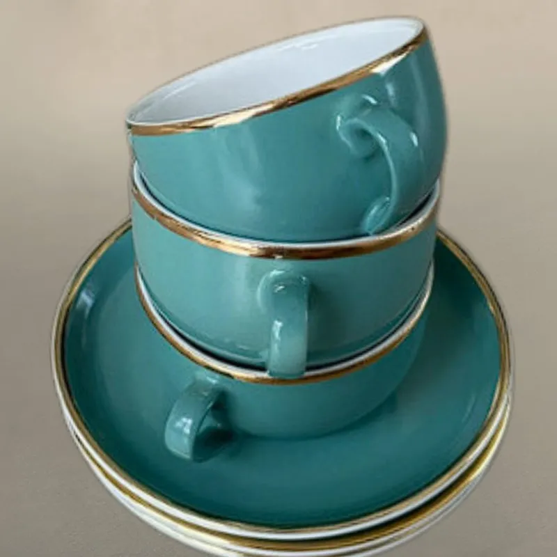 Pamono Vintage Coffee Cups in Turquoise Green Porcelain with Gold Detailing from Mitterteich Bavaria, 1950s, Set of 12> Coffee & Tea Service